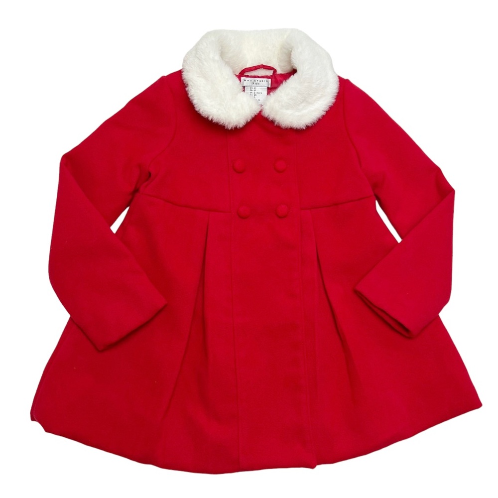Max Studio Kids Red Felt Coat With White Faux Fur Collar